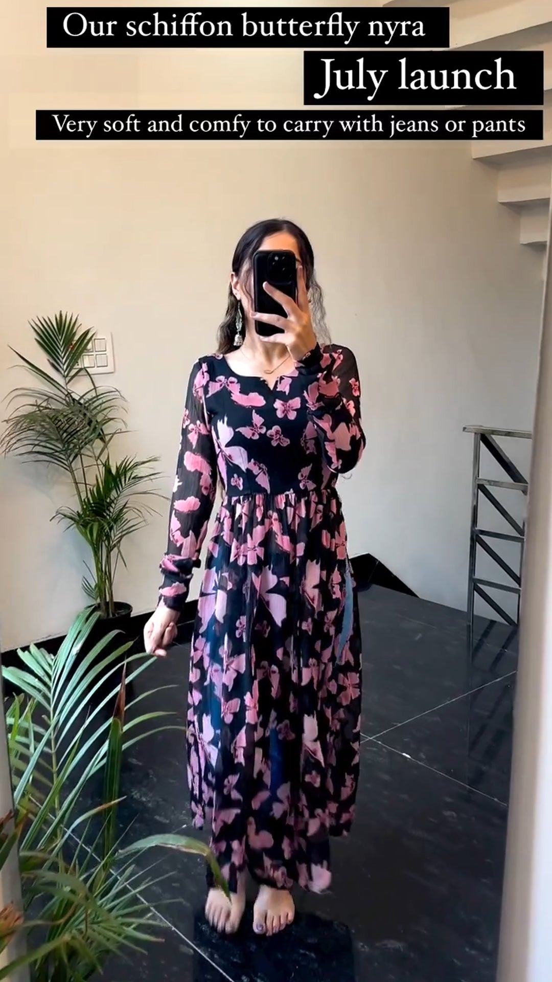 Black Schiffon Printed Butterfly Nyra Cut Kurti