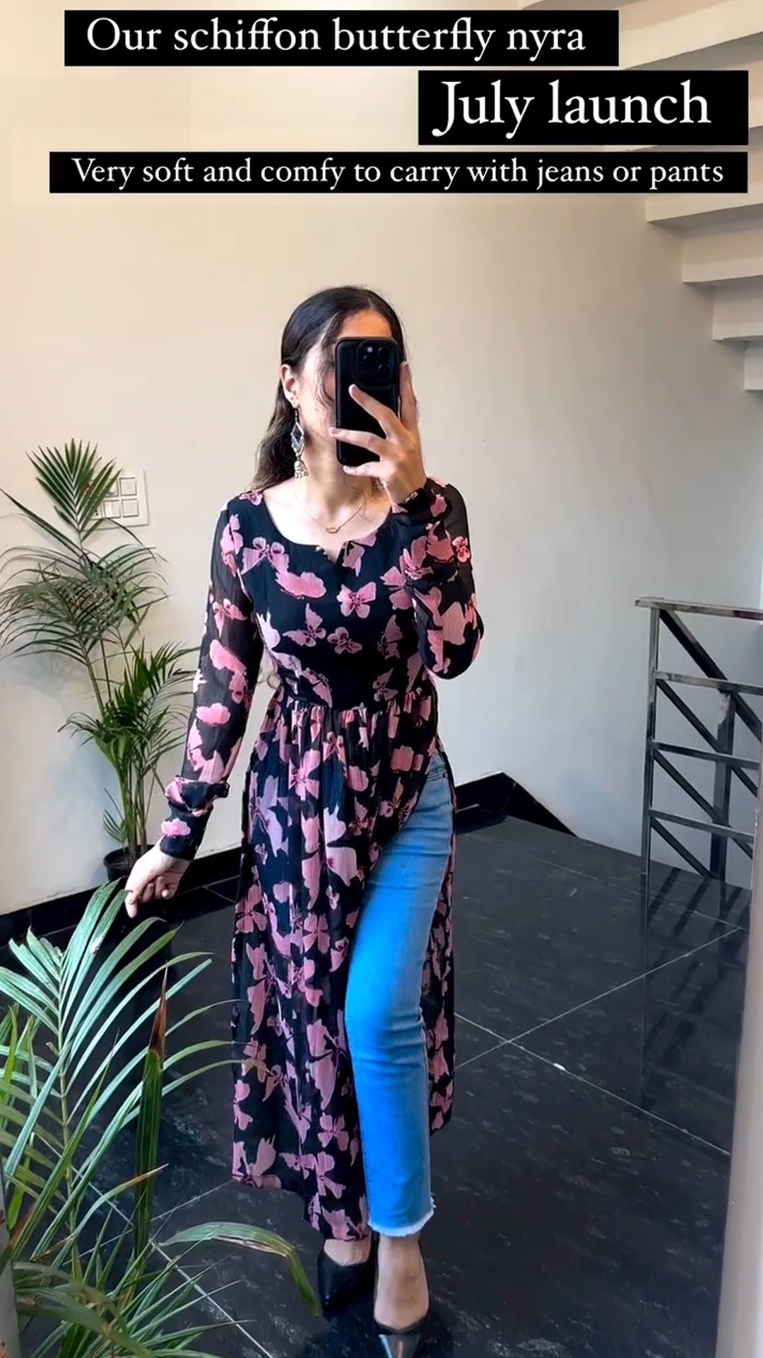 Black Schiffon Printed Butterfly Nyra Cut Kurti