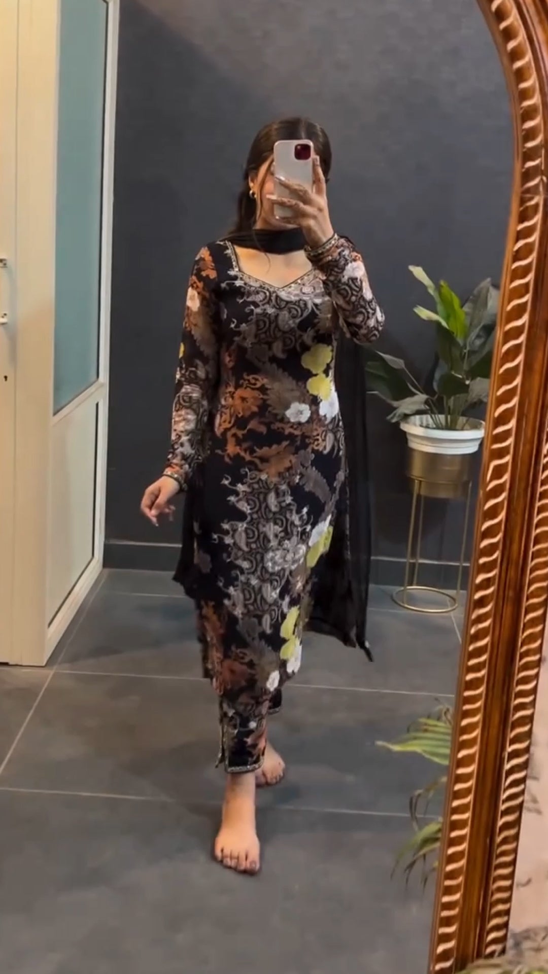 Black Floral Printed Cotton Blend Salwar Suit with Dupatta