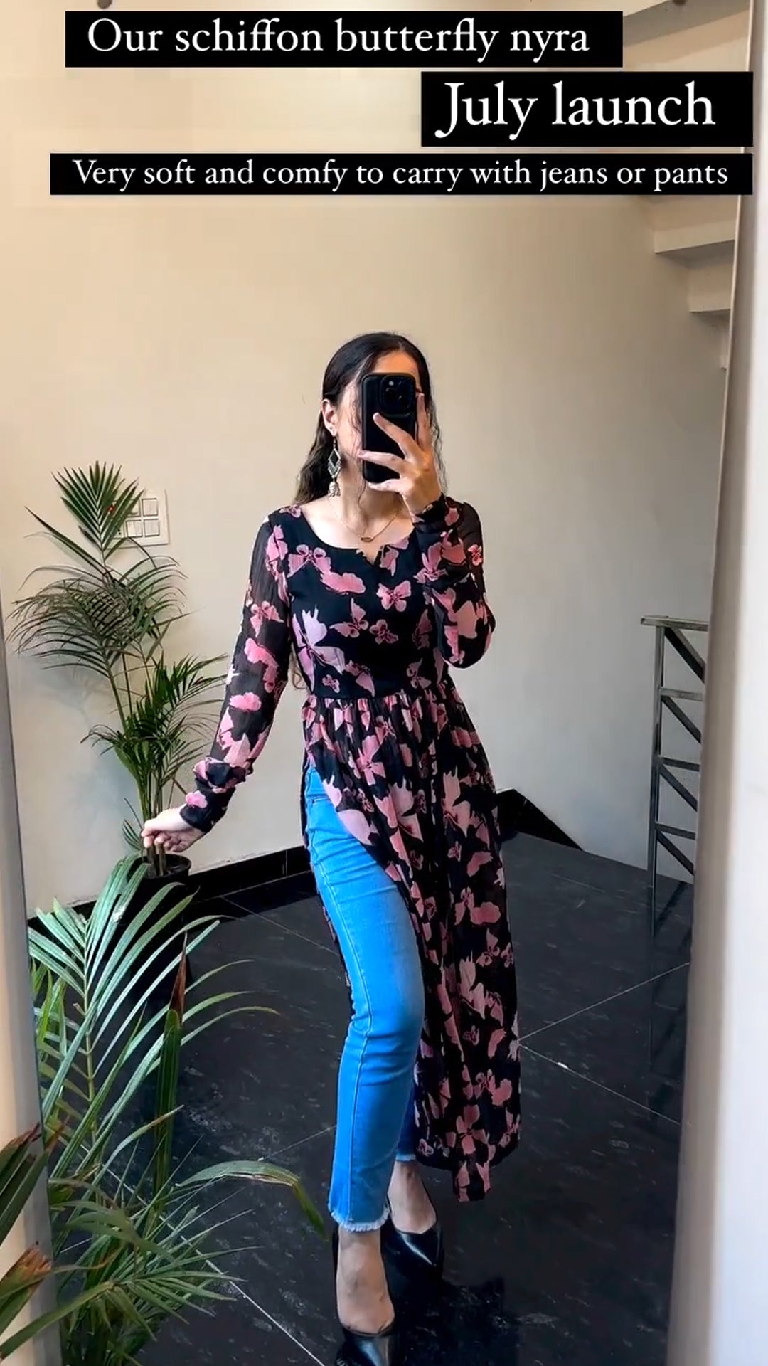 Black Schiffon Printed Butterfly Nyra Cut Kurti