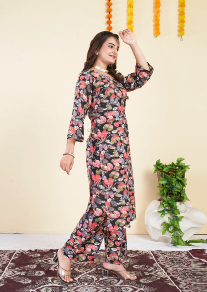 Floral Printed black Cotton Co ord Set