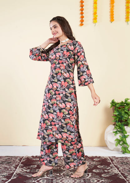 Floral Printed black Cotton Co ord Set