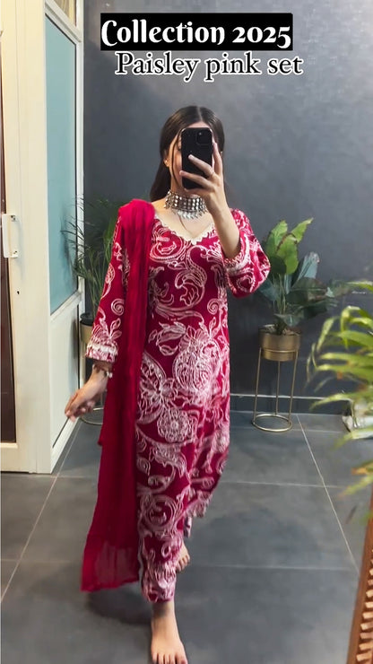 Pink Cotton Paisley Straight Full Sleeves Kurta and Pant Set with Dupatta