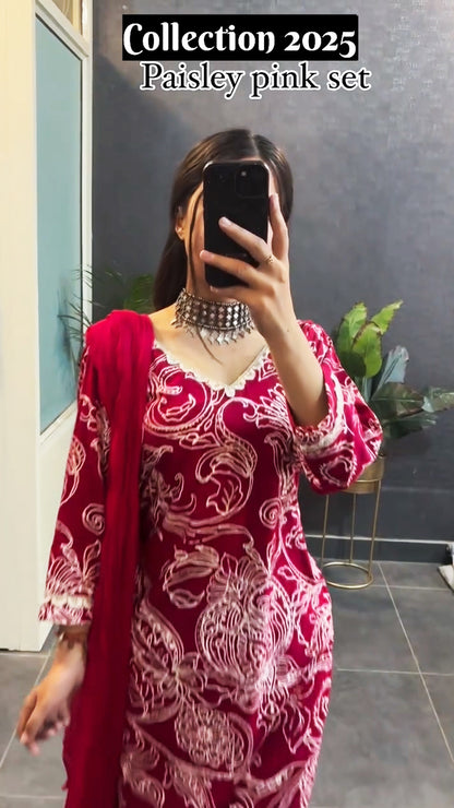 Pink Cotton Paisley Straight Full Sleeves Kurta and Pant Set with Dupatta