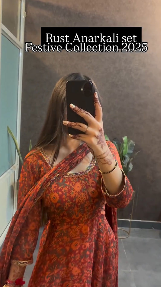 Rust Floral Anarkali Set with Dupatta
