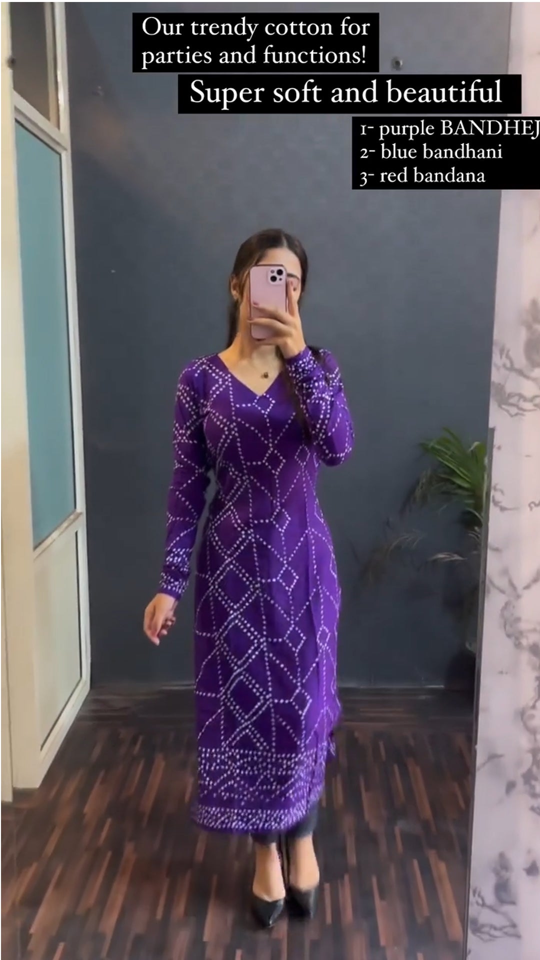 Purple Cotton Bandhani Printed Kurti For Women