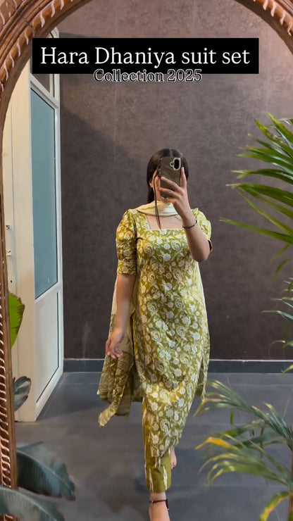 Fresh Green Floral Cotton Suit Set with Dupatta