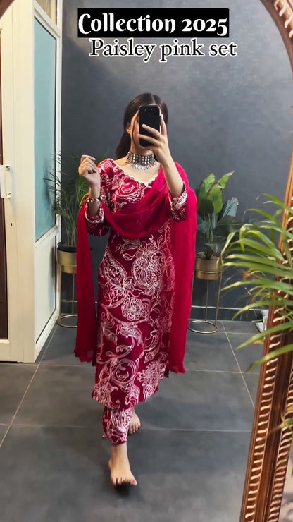 Pink Cotton Paisley Straight Full Sleeves Kurta and Pant Set with Dupatta