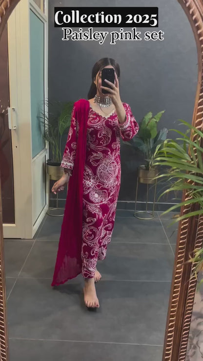 Pink Cotton Paisley Straight Full Sleeves Kurta and Pant Set with Dupatta