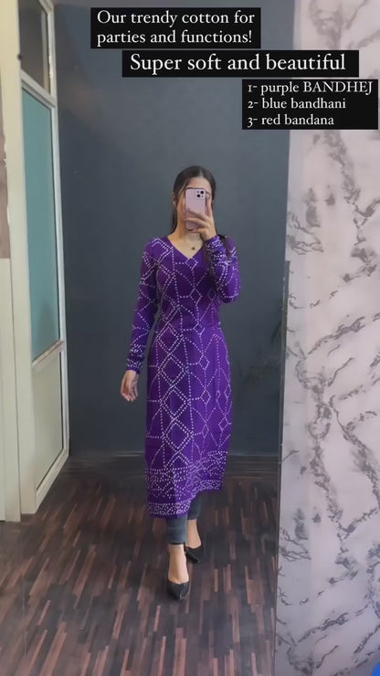 Purple Cotton Bandhani Printed Kurti For Women